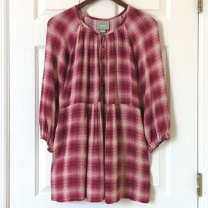 Maeve Calavan Plaid Oversized Three Quarter Sleeve Button Up Peplum Blouse Pink
